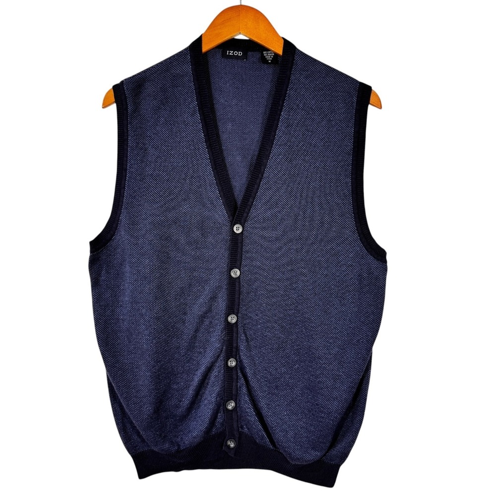 IZOD Men's Sweater Vest Medium Blue Button Front‎ Cotton Blend Preppy Classic